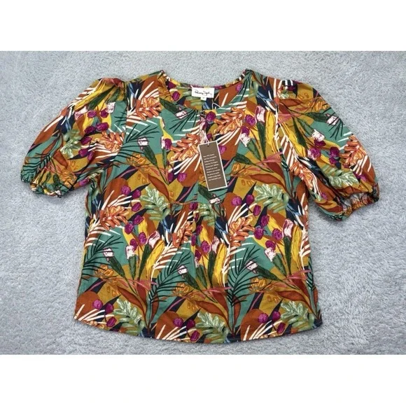 NWT Panama Jack Womens Top Linen Blend Puff Slv Tropical Boxy V Neck Boho Sz M - Picture 5 of 11